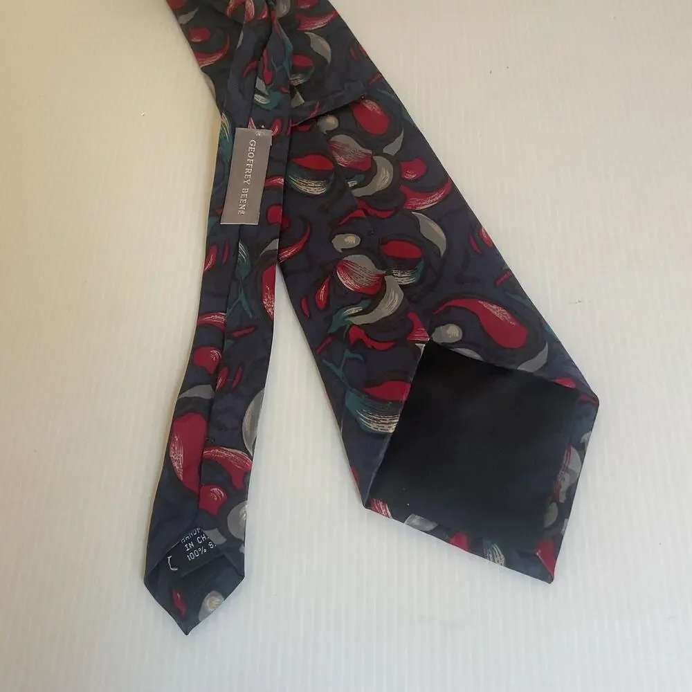 Vintage Geoffrey Beene Men’s 100% Silk Tie Navy Red Teal Abstract Print Necktie